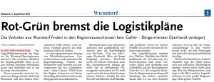 HAZ LZS 05.09.2012 ROT-GRÜN BREMST DIE LOGISTIKPLÄNE