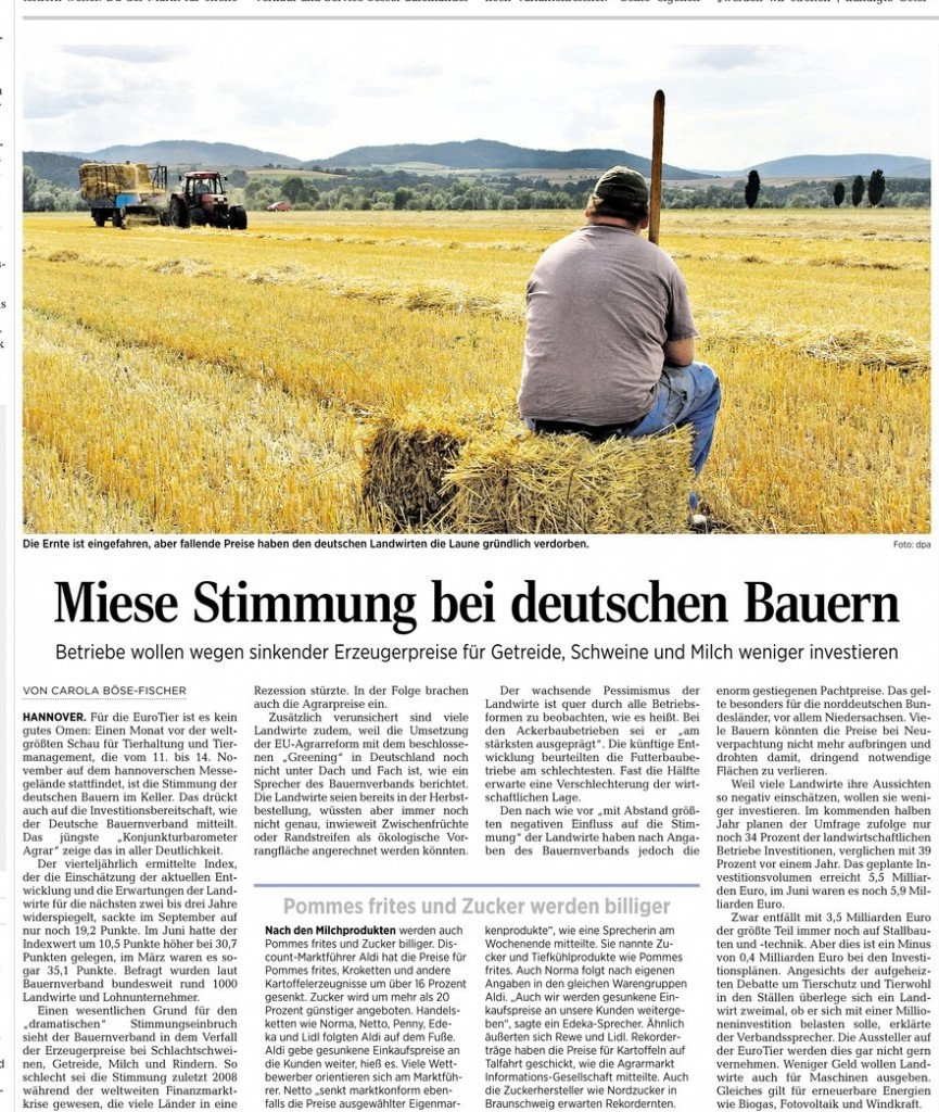 HAZ 13.10.2014: MIESE STIMMUNG BEI DEUTSCHEN BAUERN