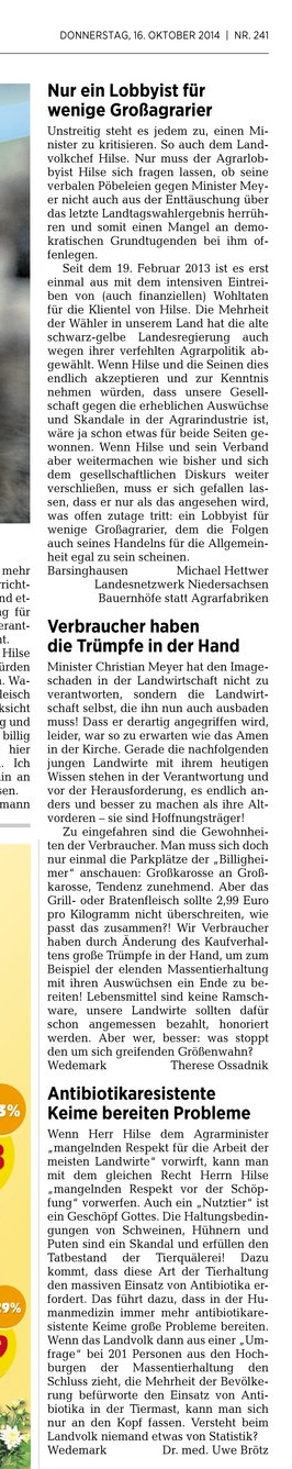 HAZ 16.10.2014 LESERBRIEFE MICHAEL HETTWER, BARSINGHAUSEN - THERESE OSSADNIK, WEDEMARK - DR. MED. UWE BRÖTZ, WEDEMARK